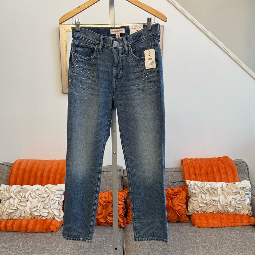 NWT Lucky Brand Zoe High Rise Straight Leg Ankle Jeans Medium Wash with Studs
